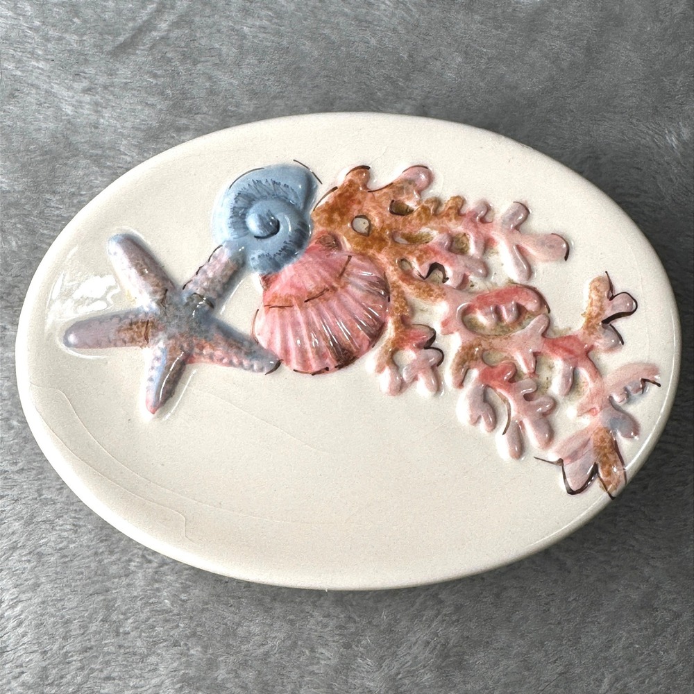 Coastal Seashell Coral Soap Dish Vtg. Bathroom Trinket Dish Beach Decor Starfish